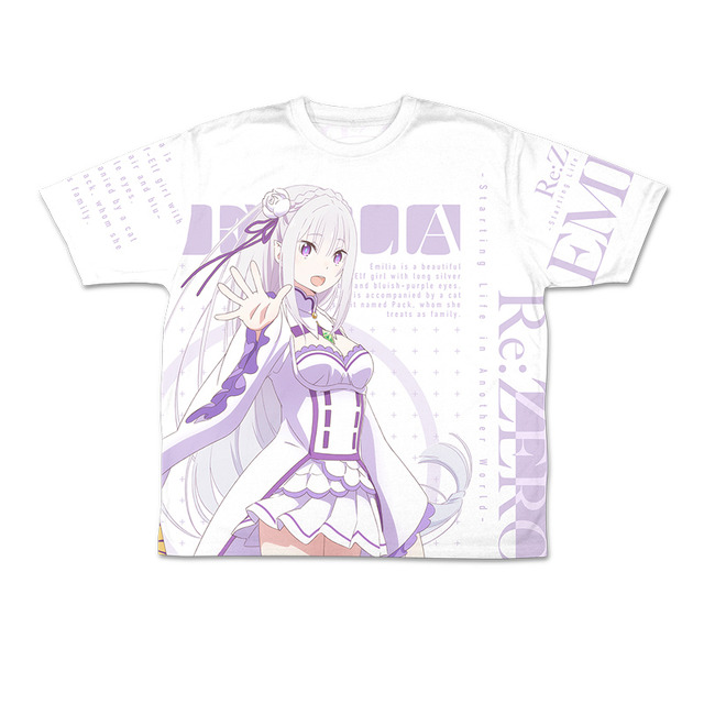 「エミリア 両面フルグラフィックTシャツ」価格：6,000円（税抜）(C) 長月達平・株式会社KADOKAWA刊／Re:ゼロから始める異世界生活製作委員会